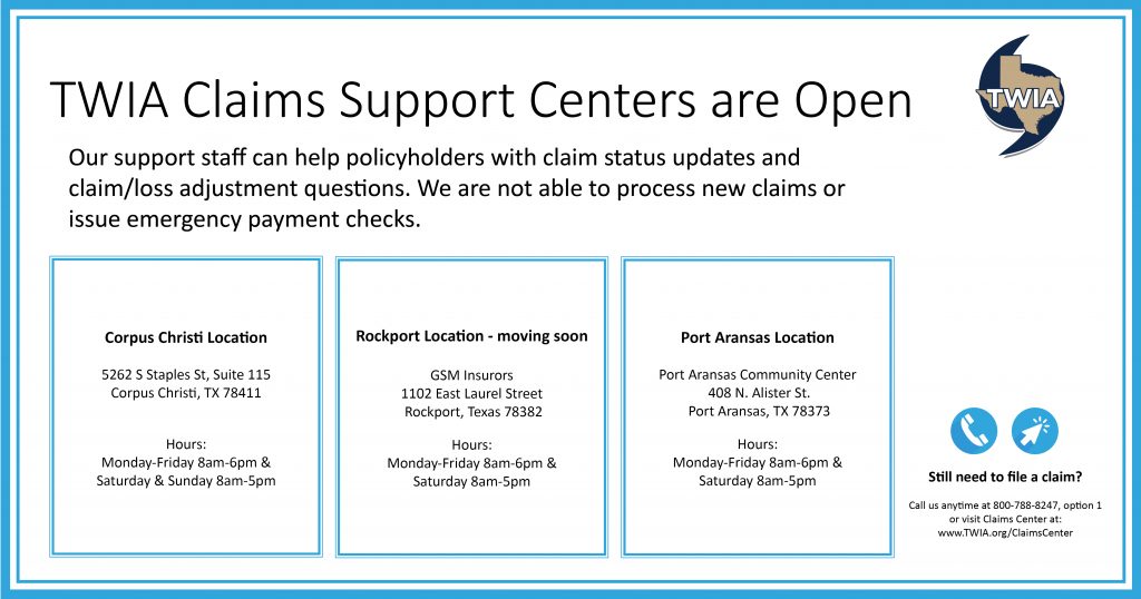 Locations and Hours for TWIA Claims Support Centers